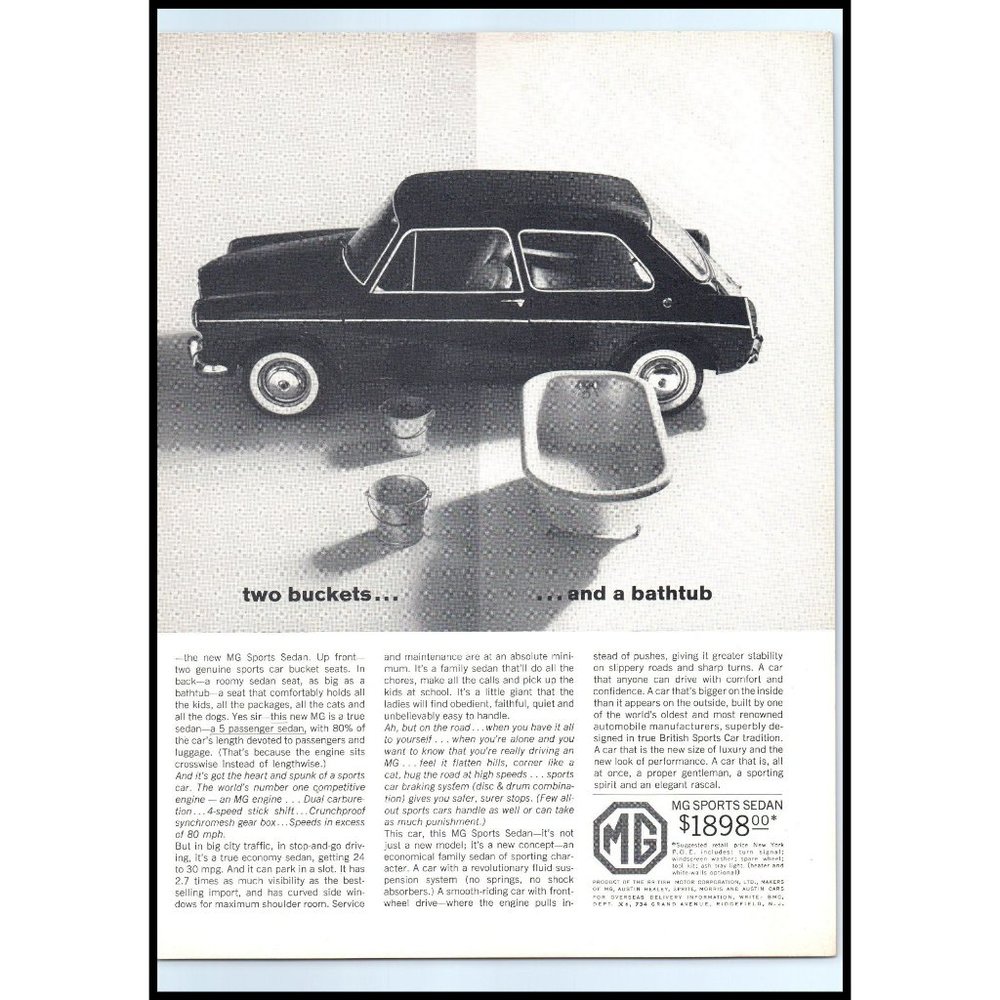 1963 MG Sports Sedan Vintage Print Ad British Sports Car Man Cave Wall Art